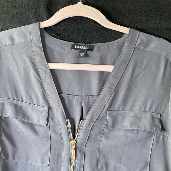 Express Womens Blouse Gray Zipper V Neck Roll Tab Sleeve Flowy Small - Picture 2 of 14